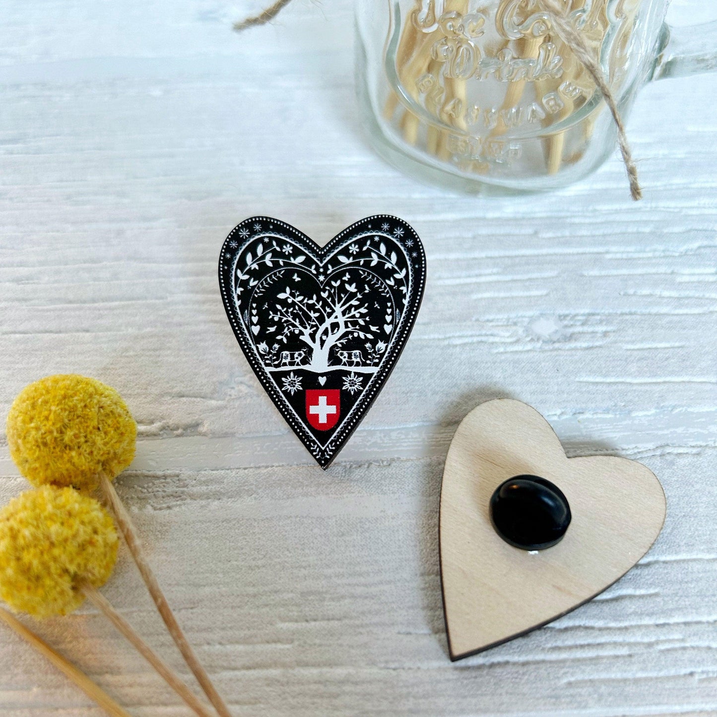 Swiss Papercut Heart Wooden Pin Badge