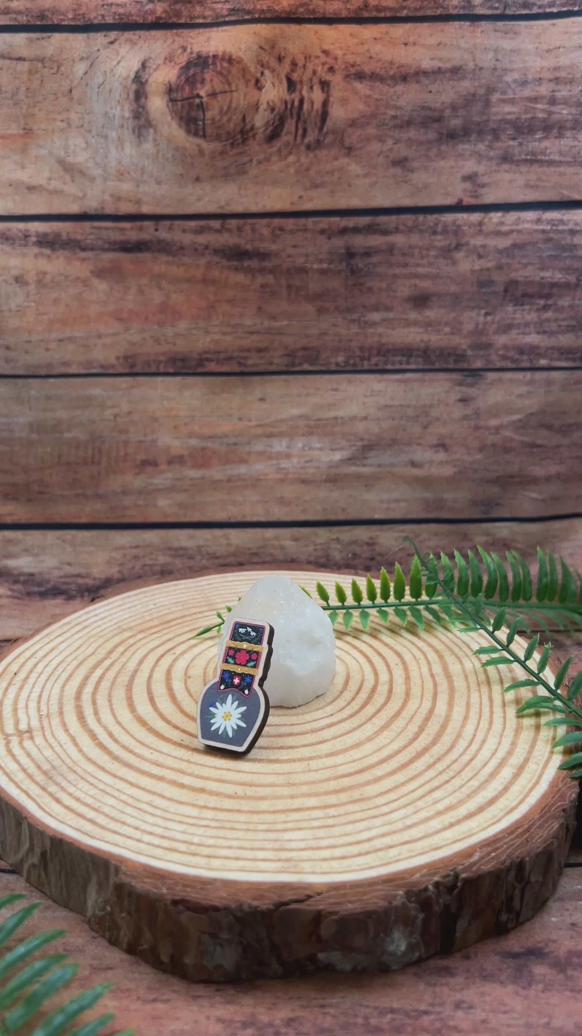 Swiss souvenir cowbell wooden pin badge