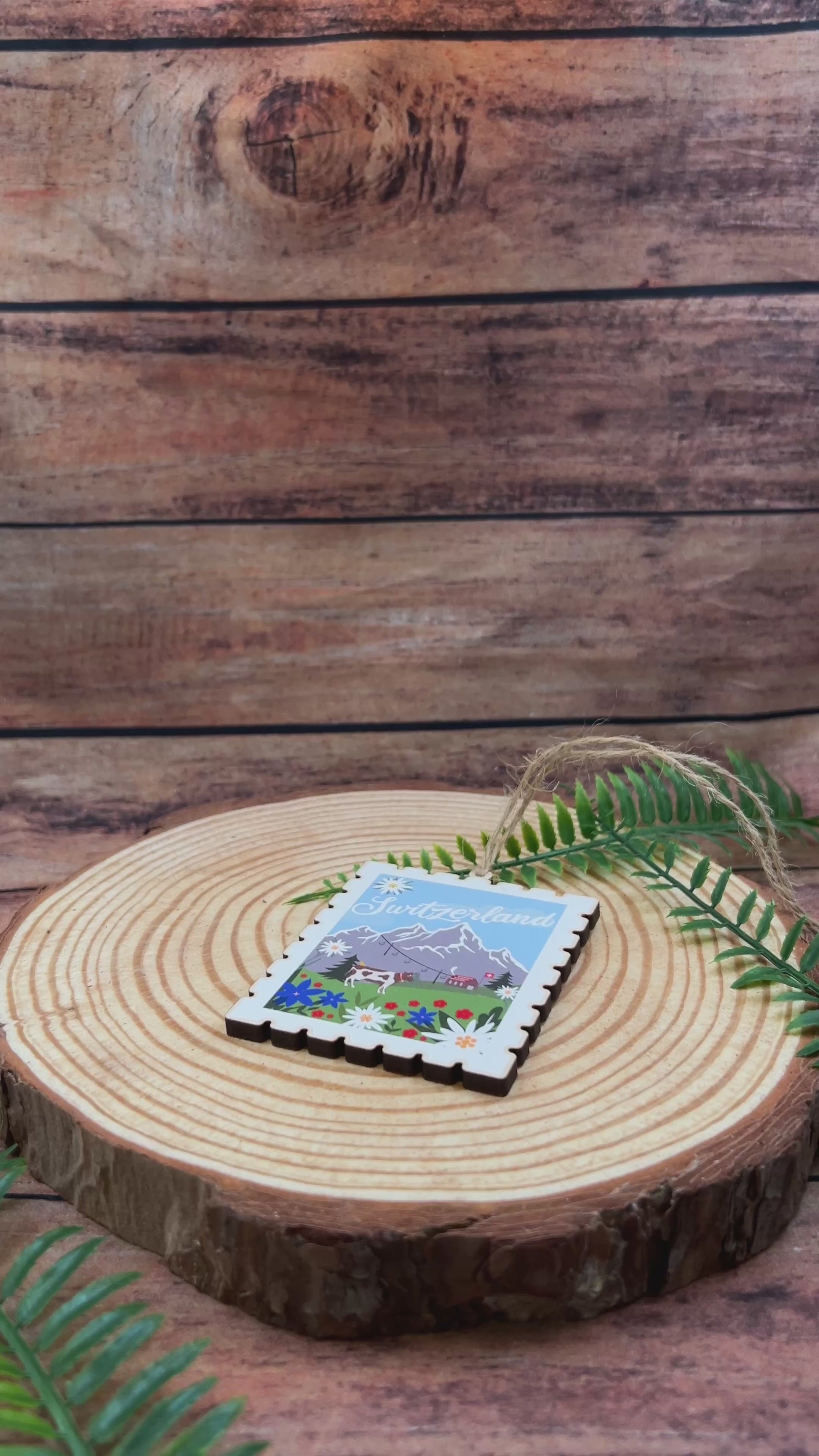 video showing Switzerland Postage Stamp Wooden Decoration
