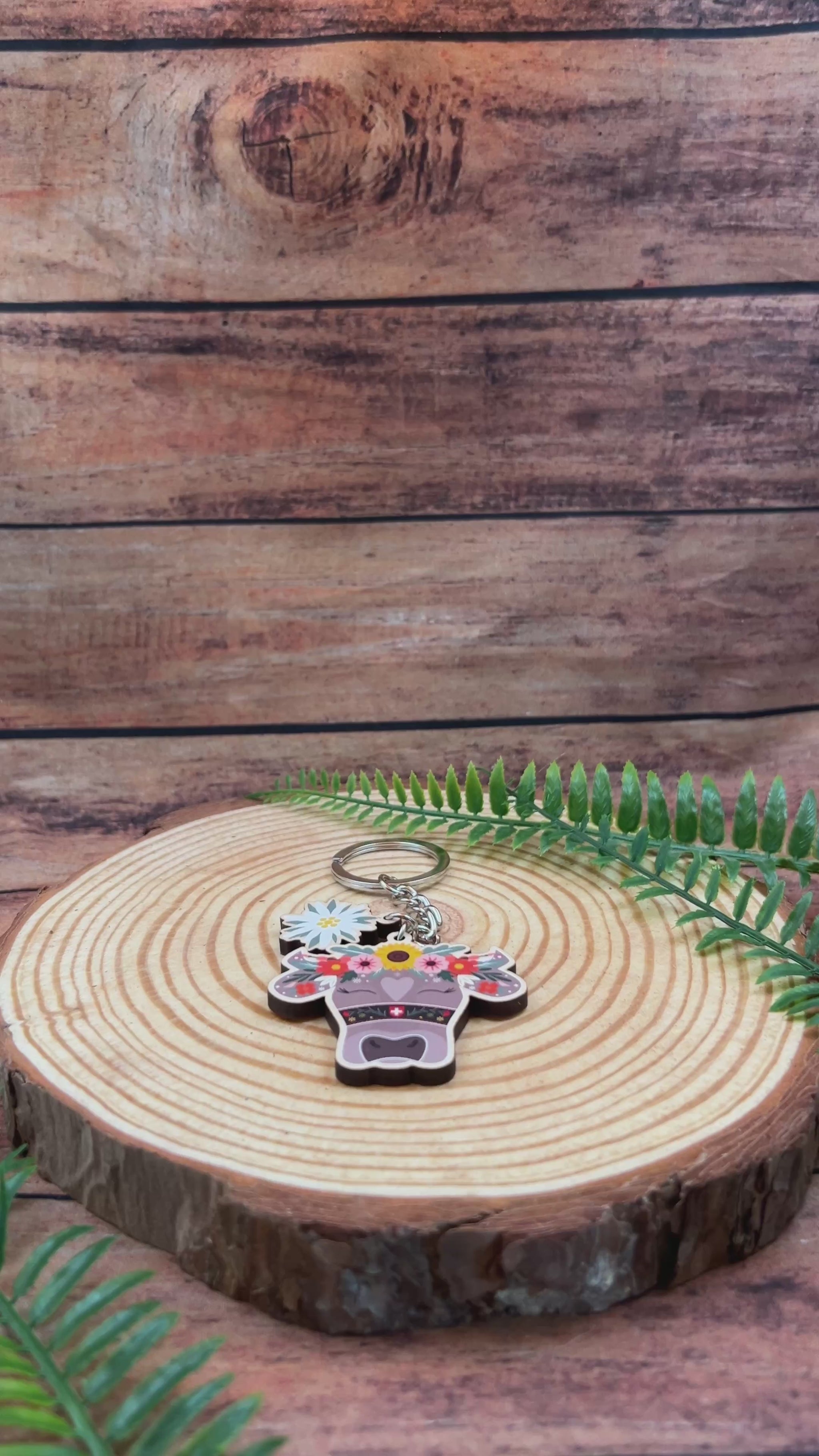 video showing Swiss Floral Cow and Edelweiss Keyring switzerland souvenir