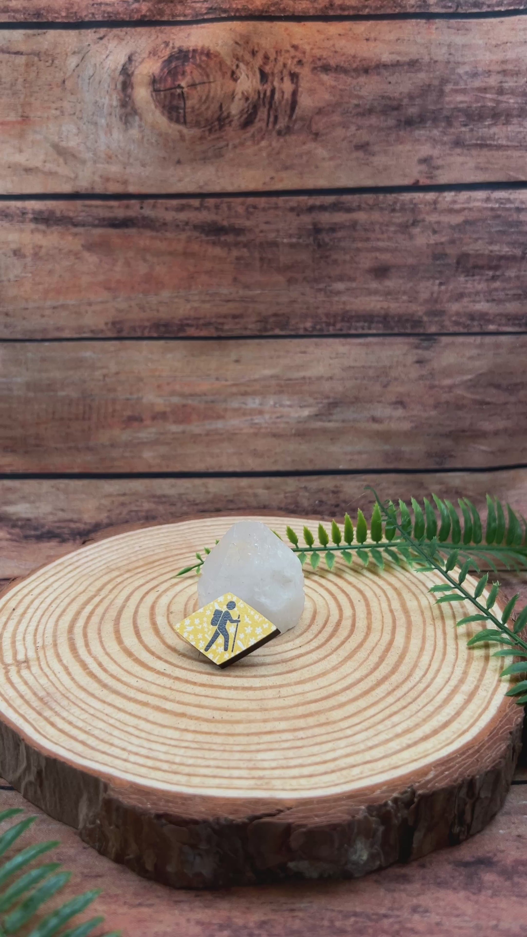 swiss hiking trail wanderweg symbol with flowers on wooden pin badge