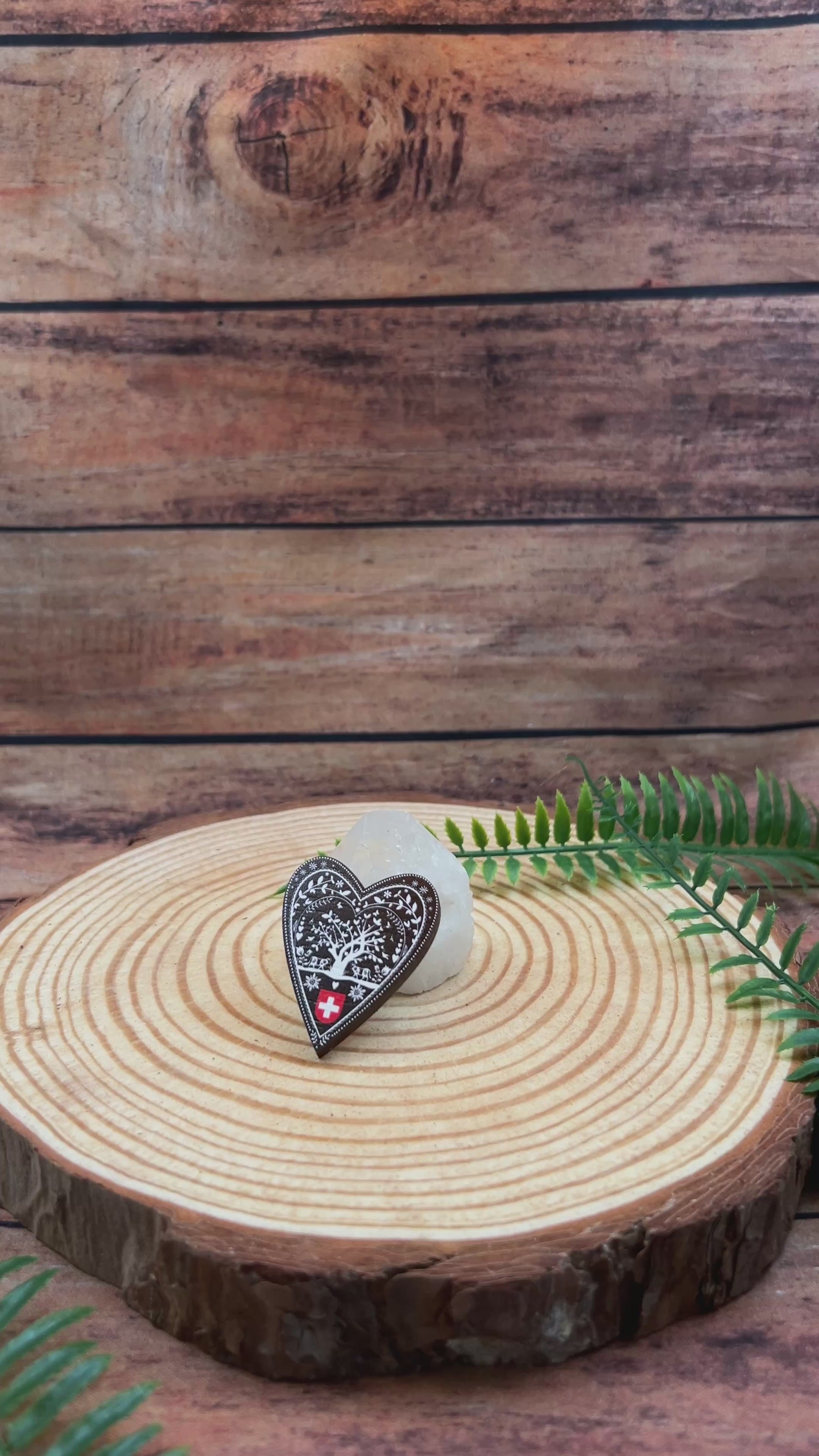 swiss papercut, decoupage, scherenschnitte design on wooden pin badge, switzerland souvenir 