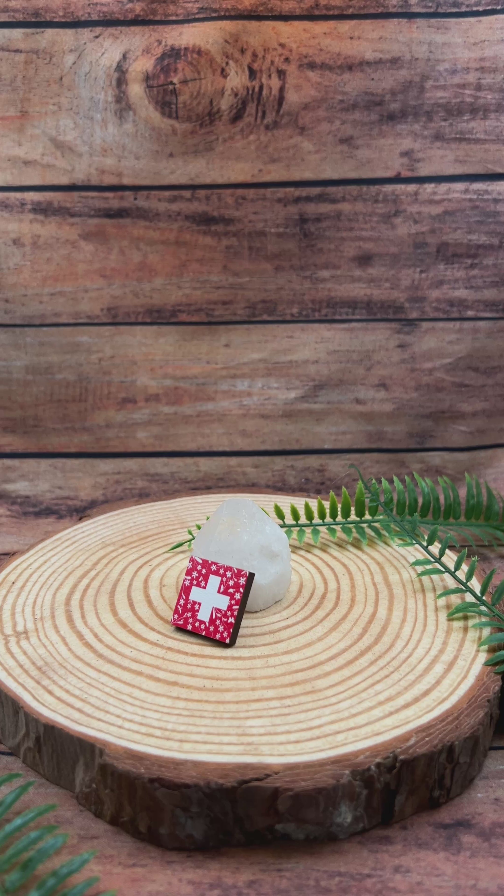 video showing floral swiss flag wooden pin badge 