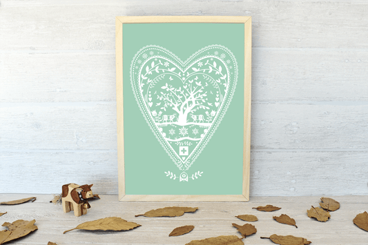 Swiss Paper Cut Heart Art Print (sage)