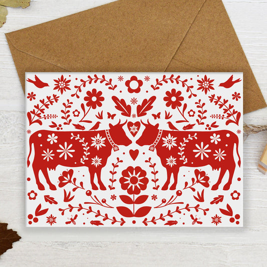 Swiss Red Floral Cows Greeting Card